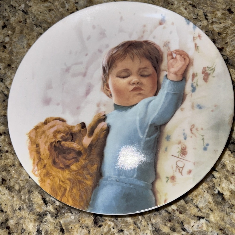 Vintage Zolan Collector Plate ''Waiting to Play'' Sleeping Baby & Puppy Plate819